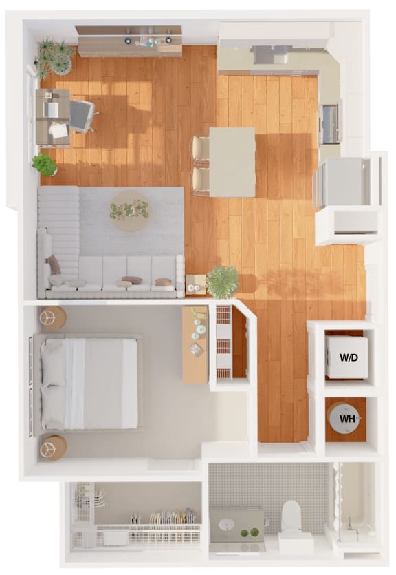A top-down view of a small apartment with a kitchen, living room, and bathroom.