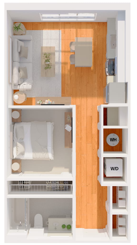 A floor plan of a small apartment with a kitchen, living room, and bathroom.