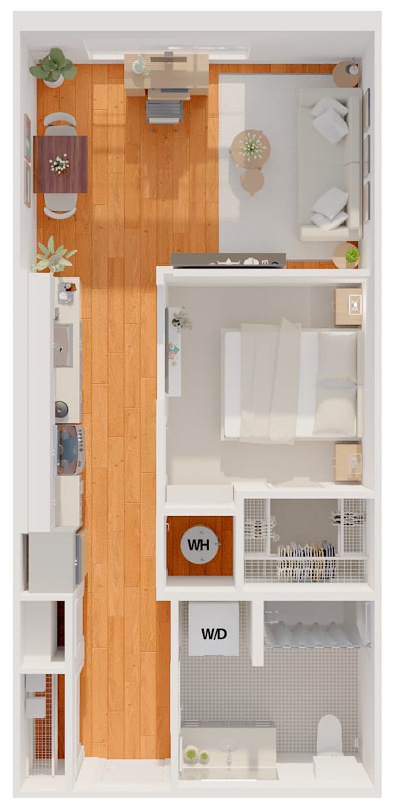 A top-down view of a small apartment layout with a kitchen, living room, and bathroom.