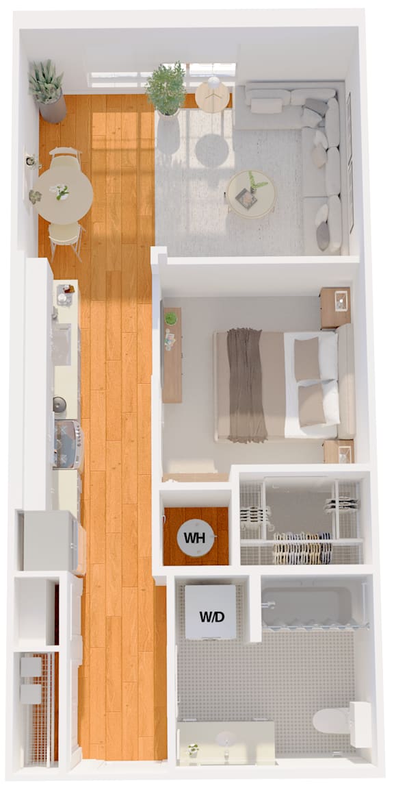 A floor plan of a house with a living room, dining room, kitchen, and bathrooms.