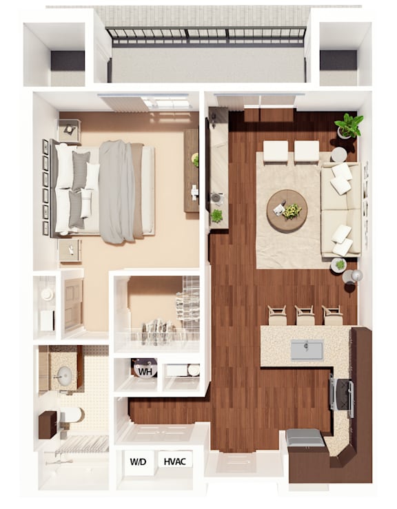 Floor Plan  A floor plan of a house with a kitchen, living room, and bathrooms.