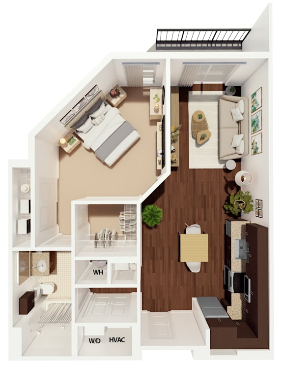A floor plan of a small apartment with a kitchen, living room, and bathroom.