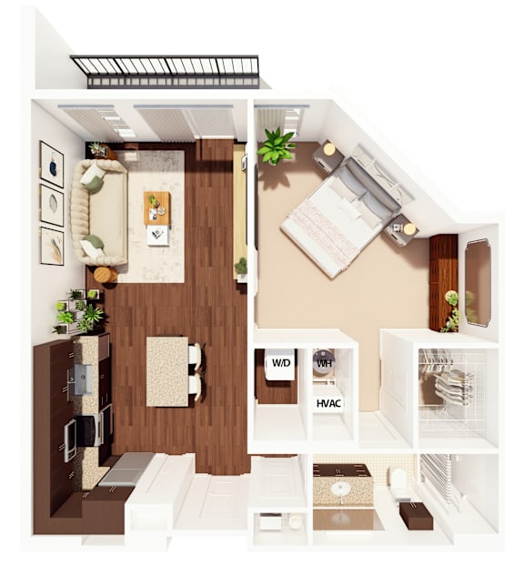 A floor plan of a small apartment with a kitchen, living room, and bathroom.