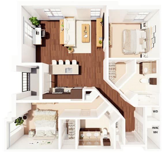 A floor plan of a house with a kitchen, living room, and bedrooms.