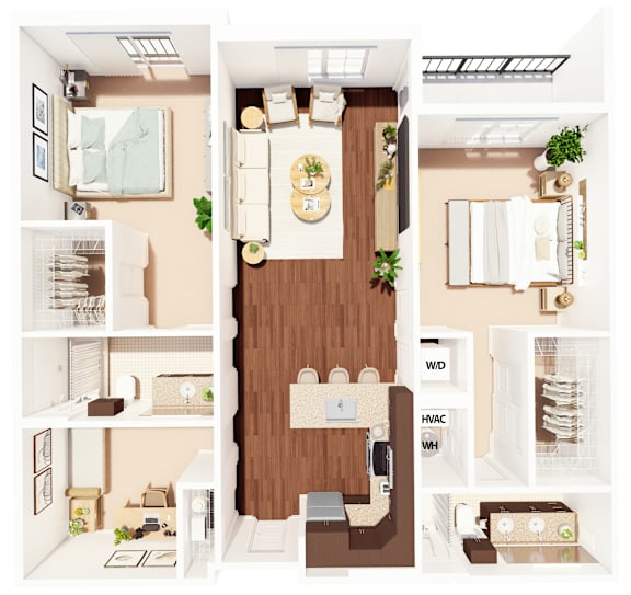 A floor plan of a house with a kitchen, living room, and two bedrooms.