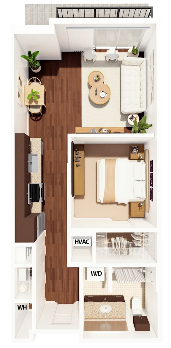 A floor plan of a small apartment with a kitchen, living room, and bathroom.