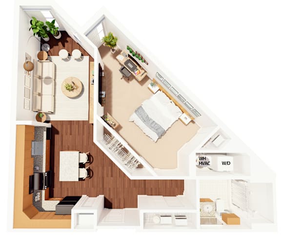 Floor Plan  A floor plan of a house with a kitchen, living room, and bathroom.