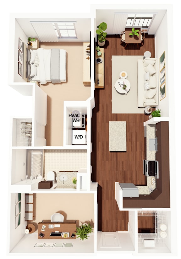A floor plan of a house with a living room, kitchen, and two bedrooms.