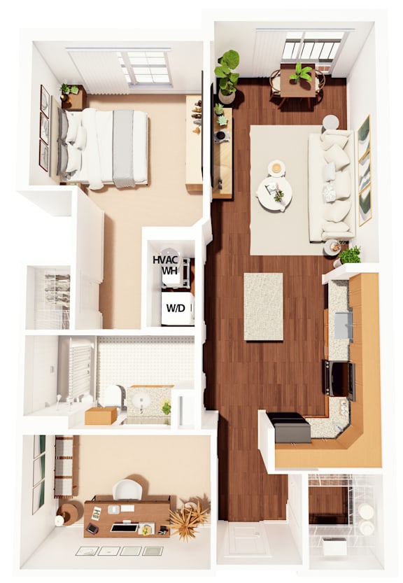 A floor plan of a house with a living room, kitchen, and two bedrooms.