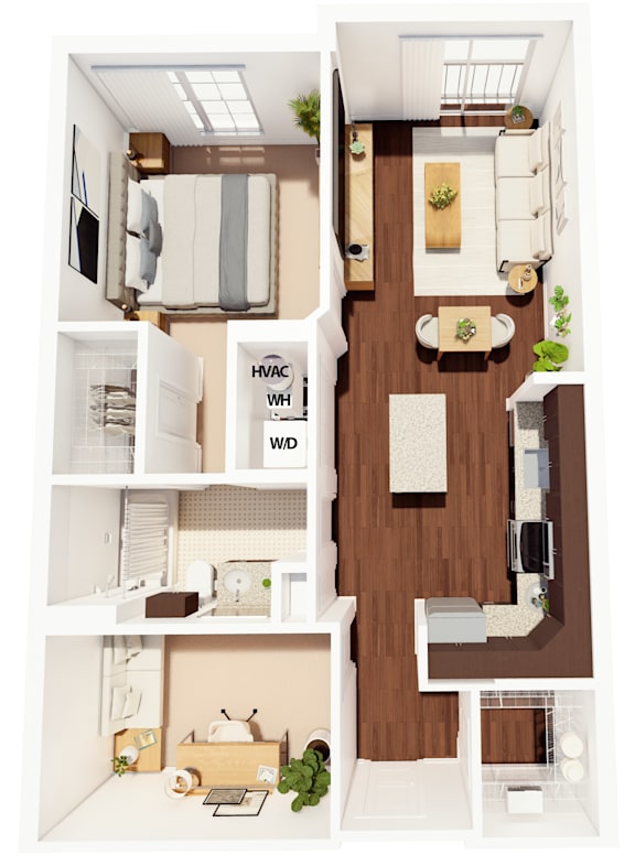 A floor plan of a small apartment with a kitchen, living room, and bedroom.