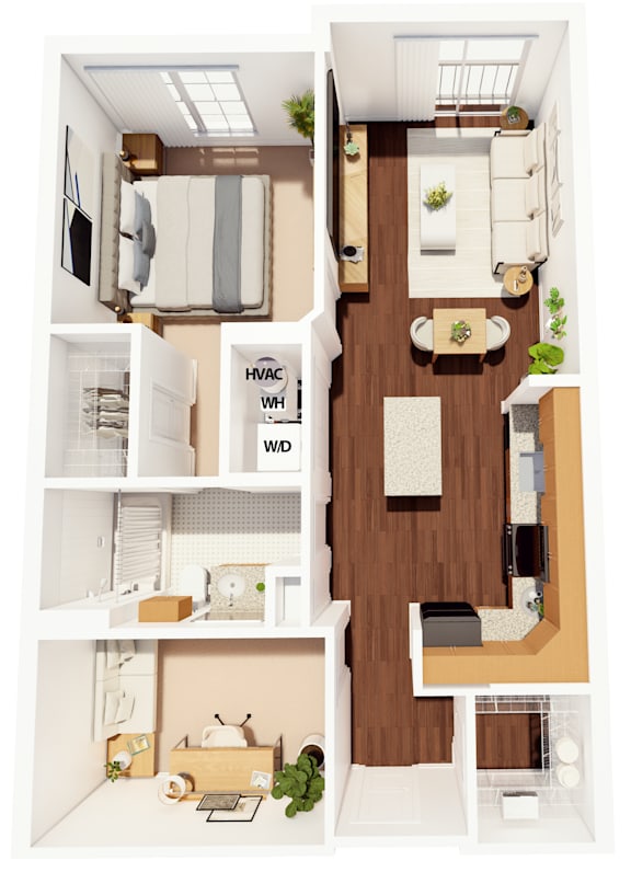 A floor plan of a small apartment with a kitchen, living room, and bedroom.