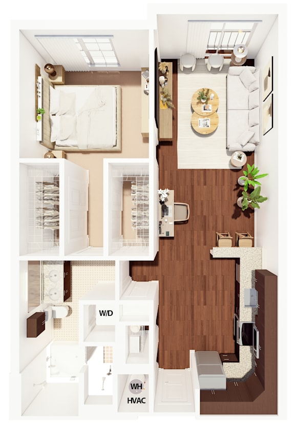 A floor plan of a small apartment with a kitchen, living room, and bathroom.