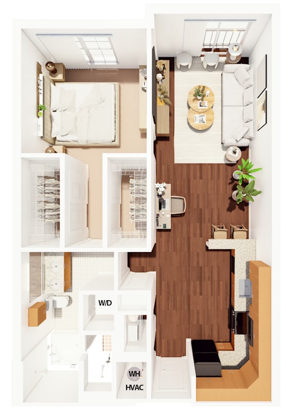 A floor plan of a small apartment with a kitchen, living room, and bathroom.
