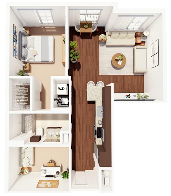 A top-down view of a well-organized apartment with a kitchen, living room, and bedroom.