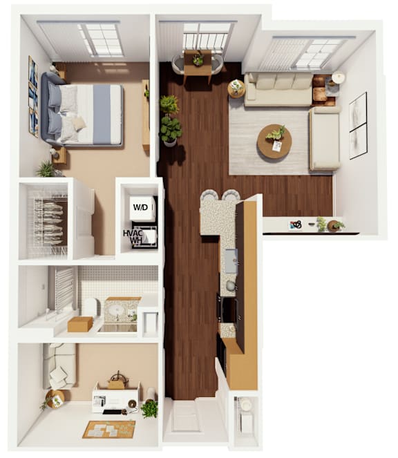A floor plan of a small apartment with a bedroom, living room, and kitchen.
