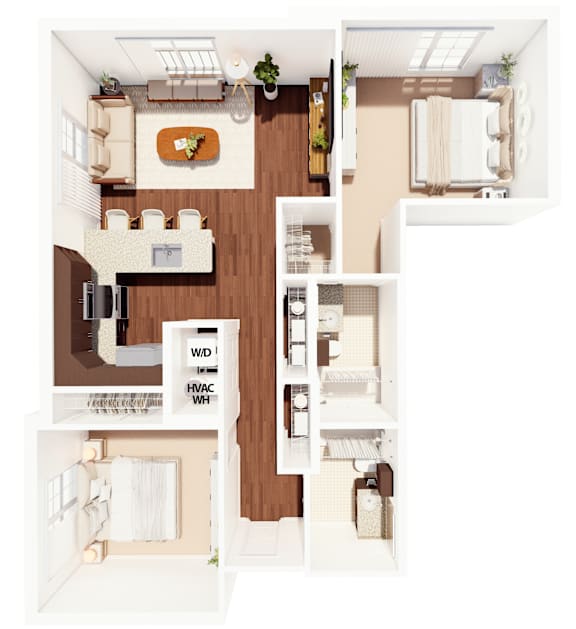 A floor plan of a house with a kitchen, living room, and bathrooms.