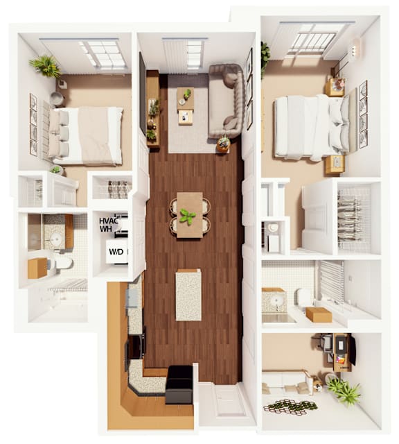 Floor Plan  A top-down view of a small apartment layout with a kitchen, living room, and bathroom.