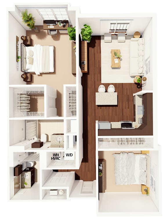 A floor plan of a small apartment with a kitchen, living room, and bathroom.
