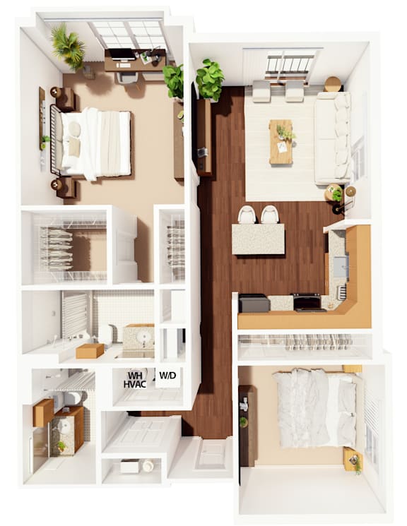 A floor plan of a small apartment with a kitchen, living room, and bathroom.