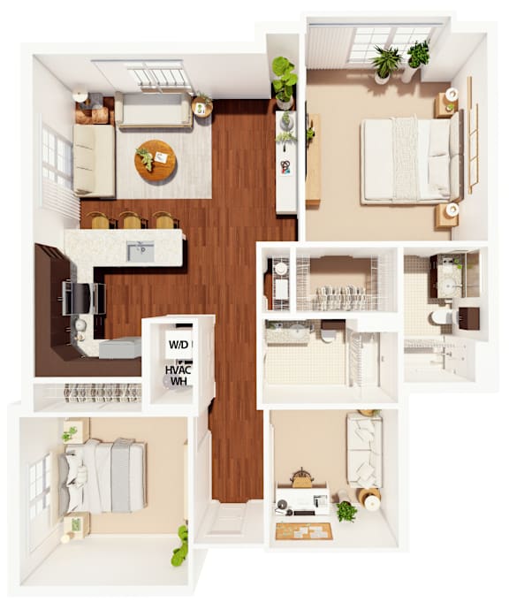 A floor plan of a house with a kitchen, living room, and two bedrooms.