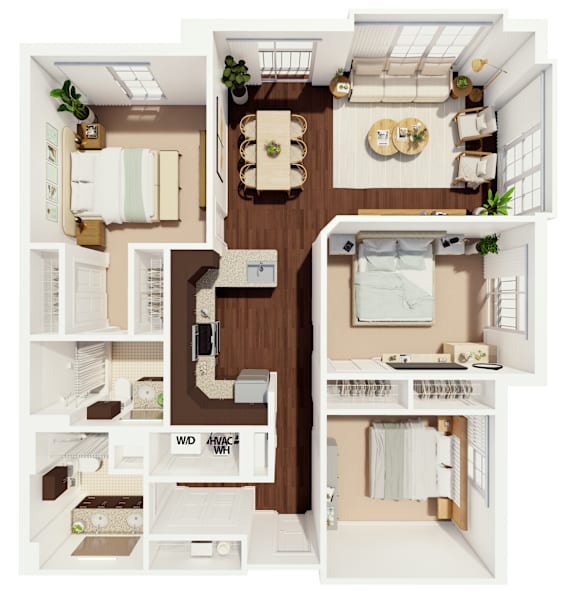 Floor Plan  A floor plan of a two-bedroom apartment with a living room, kitchen, and bathroom.