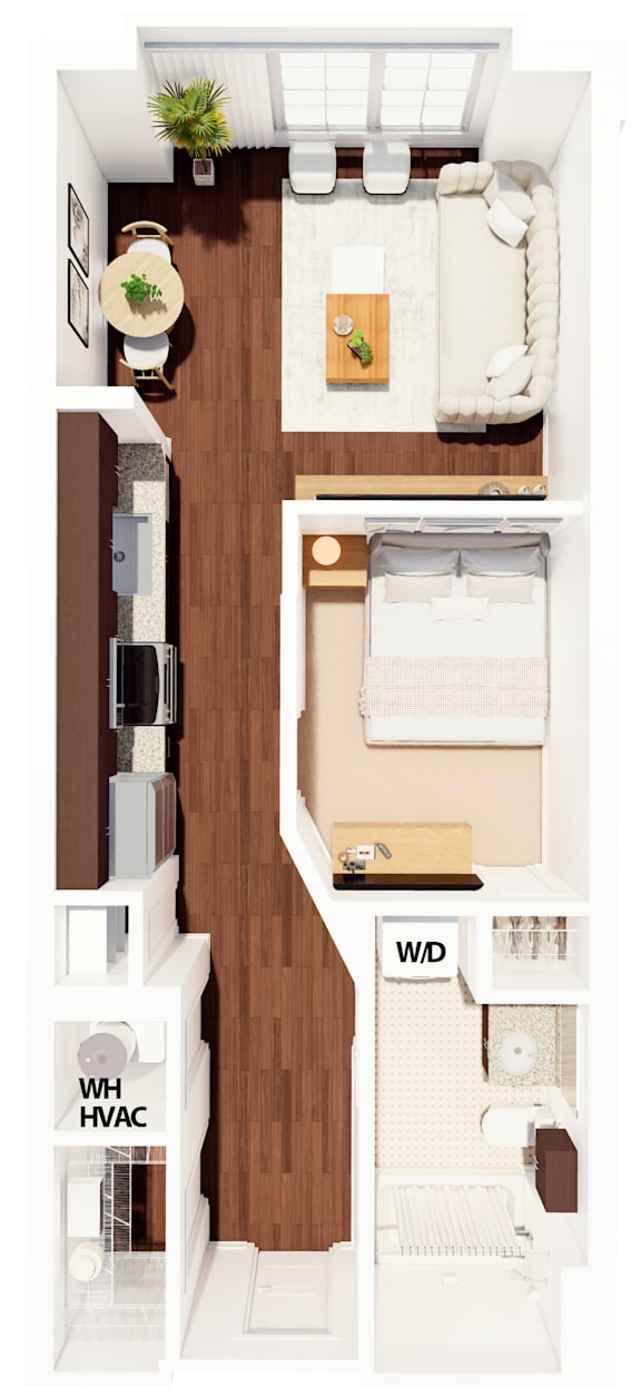 A floor plan of a small apartment with a kitchen, living room, and bedroom.