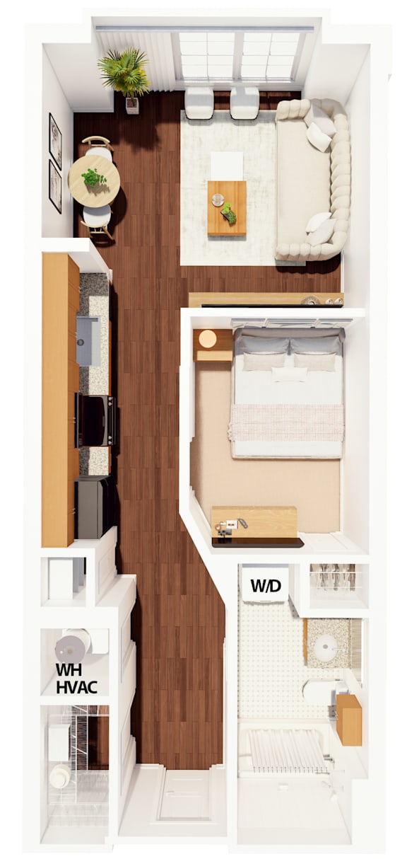 A floor plan of a small apartment with a kitchen, living room, and bathroom.