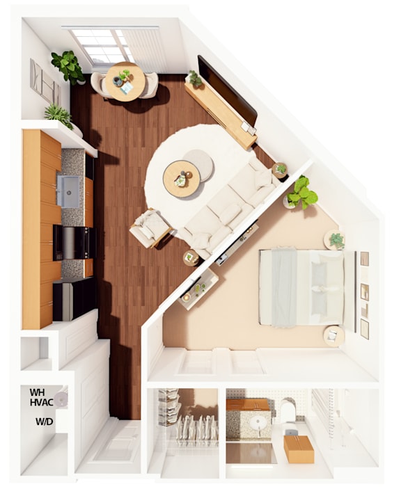 A floor plan of a kitchen with a dining table and chairs.