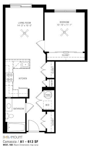 A floor plan of a one bedroom apartment with a living room, kitchen, bathroom and closet.