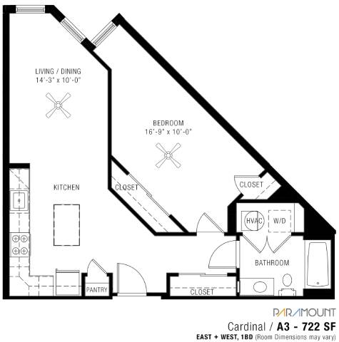 A black and white image of a floor plan for a one bedroom apartment.