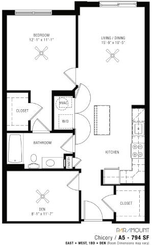 A black and white image of a floor plan for a Chicory / A5 - 794 SF apartment.