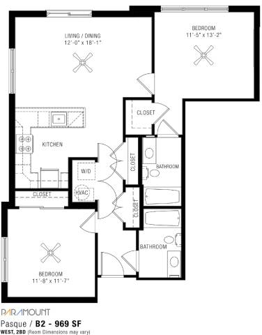 A black and white image of a floor plan for a home with a living area, kitchen, two bedrooms, a bathroom, and a closet.