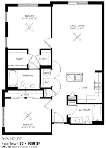 A black and white image of a floor plan for a Passiflora/ BS - 1058 SF apartment.