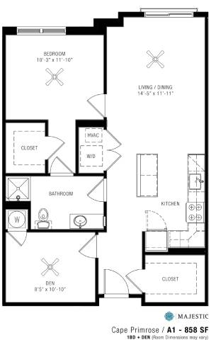 A floor plan of an apartment with a living room, bedroom, bathroom, kitchen, and closet.
