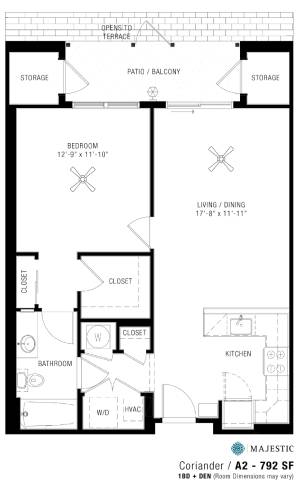 A floor plan of a Coriander apartment with a living area, kitchen, bathroom, and bedroom.