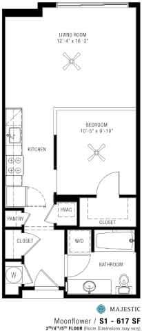 A floor plan of a house with a living room, kitchen, pantry, bathroom, and closet.