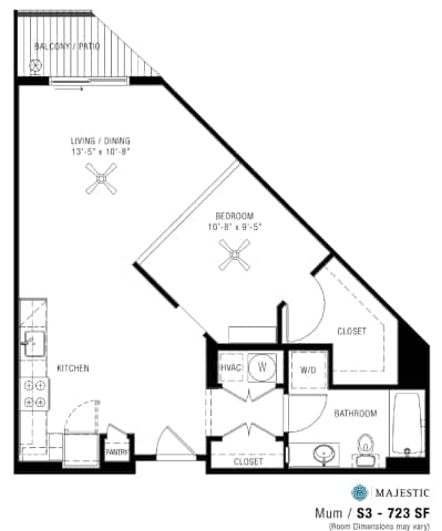 A floor plan of a one bedroom apartment with a living and dining area.