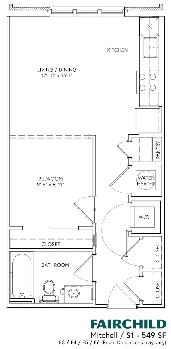 A floor plan for a small apartment with a kitchen, living room, dining room, bathroom, and closet.