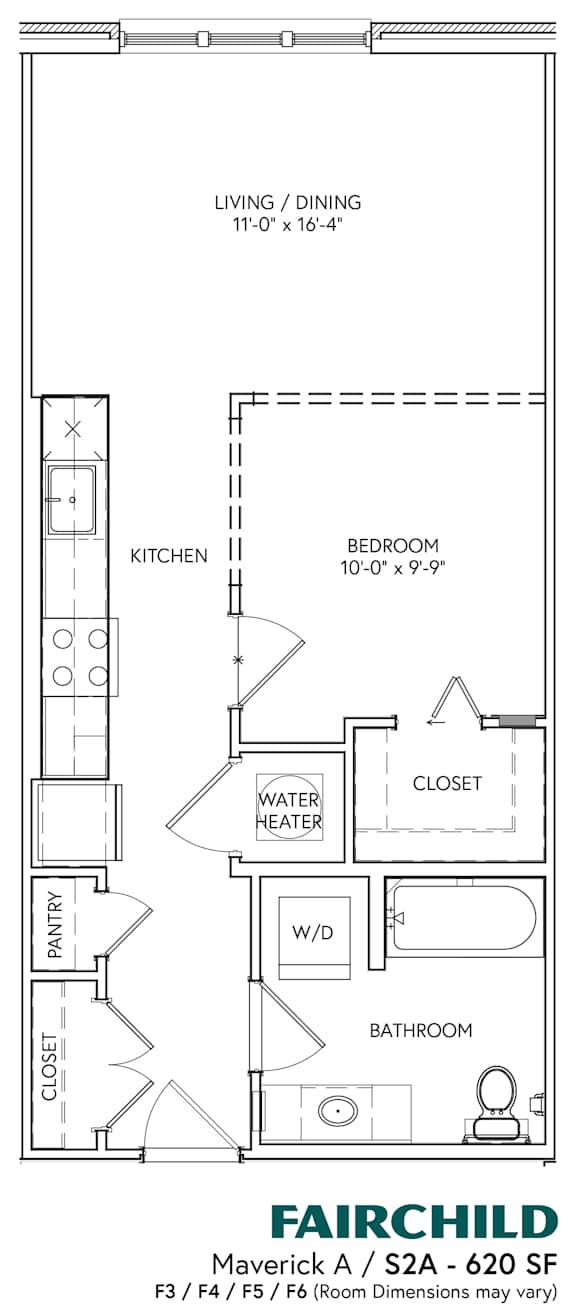 A floor plan of a small apartment with a kitchen, bathroom, and living room.