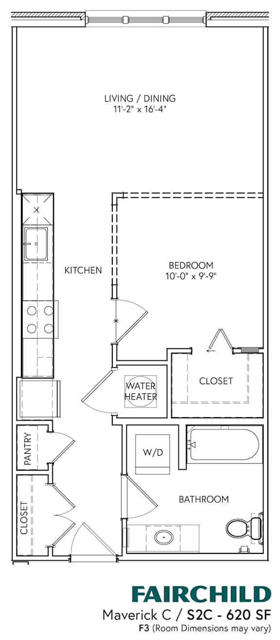 A floor plan of a Fairchild Maverick C / S2C - 620 SF F3 room layout.