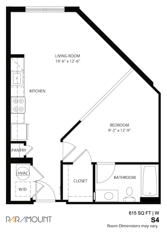 A floor plan for a 615 square foot home with a living room, kitchen, pantry, bathroom, and bedroom.