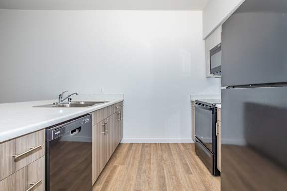 A modern kitchen with a sink, dishwasher, and oven.