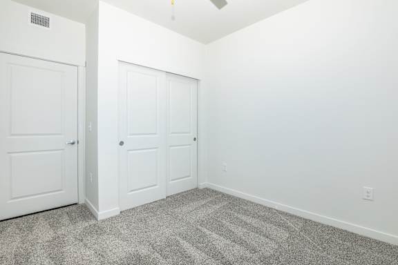 A room with two white doors and a carpeted floor.