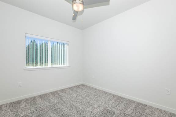 A room with a carpeted floor and a ceiling fan.