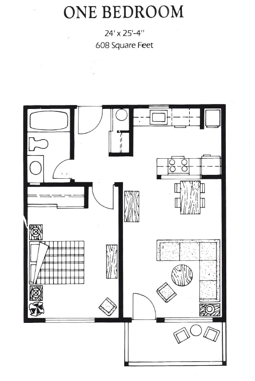 A black and white image of a one bedroom apartment floor plan.