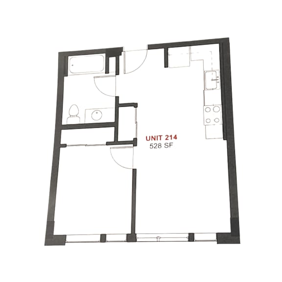 A black and white image of a floor plan for a unit labeled 214 with a total area of 528 square feet.