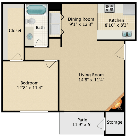 A floor plan of a small apartment with a bedroom, living room, kitchen, and bathroom.