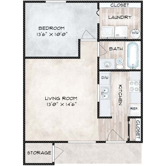 A floor plan of a small apartment with a bedroom, living room, kitchen, and storage.