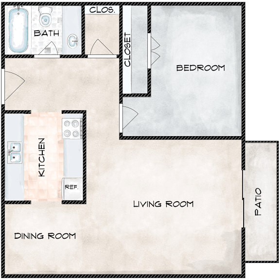 A floor plan of a house with a living room, dining room, kitchen, bedroom, and bathroom.