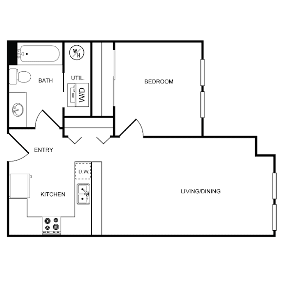 A floor plan of a house with a living room, dining room, kitchen, and bedroom.